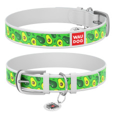 Ошейник WAUDOG Design с рисунком "Авакадо", белая премиум кожа, металлическая пряжка