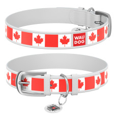 Ошейник WAUDOG Design с рисунком "Кленовый лист", белая премиум кожа, металлическая пряжка
