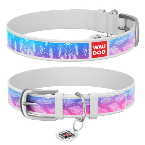 Ошейник WAUDOG Design с рисунком "Ловец снов", белая премиум кожа, металлическая пряжка