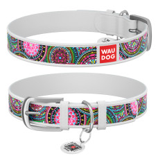 Ошейник WAUDOG Design с рисунком "Мандалы", белая премиум кожа, металлическая пряжка