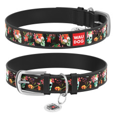 Ошейник WAUDOG Design с рисунком "Черепа", чёрная премиум кожа, металлическая пряжка