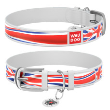 Ошейник WAUDOG Design с рисунком "Юнион Джек", белая премиум кожа, металлическая пряжка