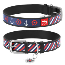 Ошейник WAUDOG Design с рисунком "Якоря 2", чёрная премиум кожа, металлическая пряжка