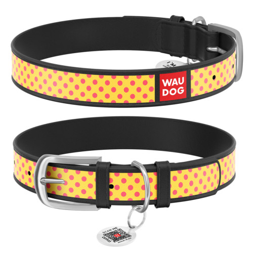 Нашийник WAUDOG Design з малюнком “Жовта полька”, чорна преміум шкіра, металева пряжка