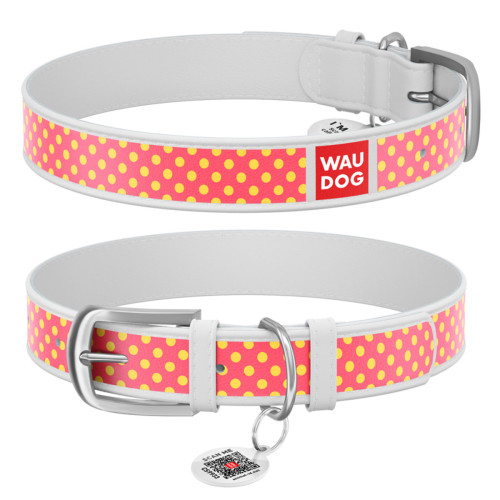 Ошейник WAUDOG Design с рисунком "Розовая полька", белая премиум кожа, металлическая пряжка