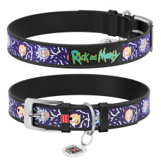 Кожаный ошейник для собак WAUDOG Design с рисунком "Рик и Морти 2", чёрная кожа
