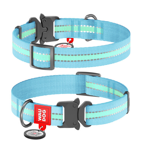 Світлонакопичувальний нейлоновий нашийник для собак WAUDOG Nylon блакитного кольору, металевий фастекс